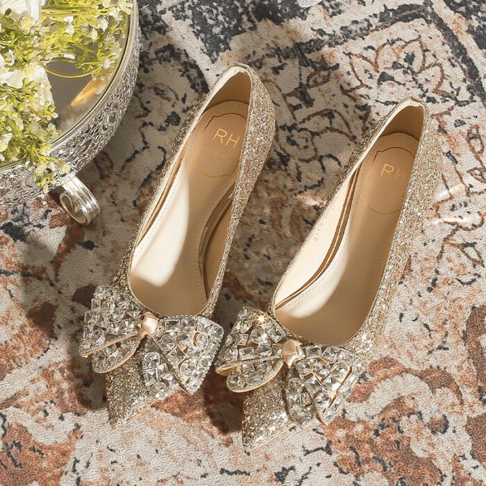 3119-145 French Wedding Shoes Bride Main Wedding Dress Bridesmaid Shoes High-Grade Crystal Thick Heel Shoes - Image 5