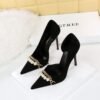 8829-2 European and American Style Banquet Slimming Super High Heel Suede Shallow Mouth Pointed Pearl Metal Chain Side Hollow Pumps