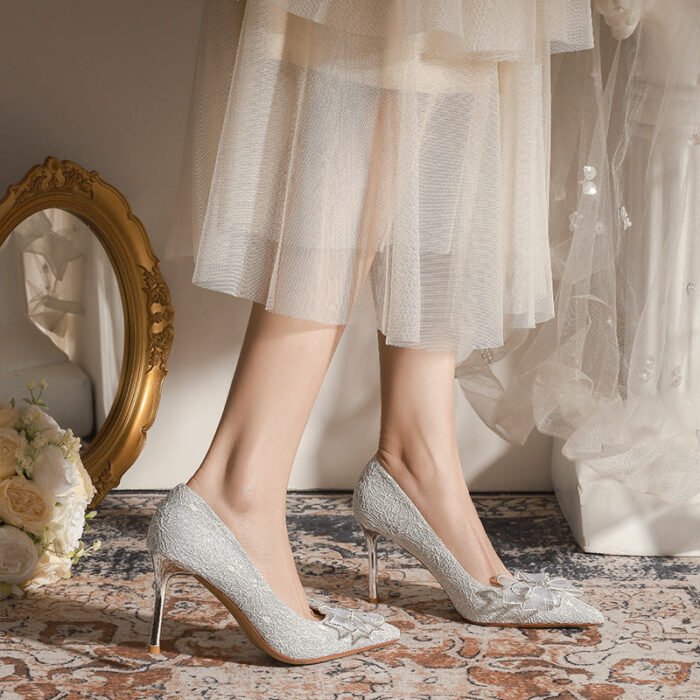 840-51 Rhinestone Bow Wedding Shoes Daily Wearable Niche High-Grade Stiletto Heel Low-Cut Pointed-Toe Shoes - Image 5