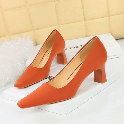 BIGTREE SHOES 6186-2 Korean Style Fashionable All-Match Simple Pedicure High Heel Chunky Heel Low-Cut Square Toe Satin Women's Shoes High Heels Pumps