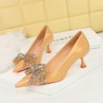 BIGTREE SHOES 1961-H39 European and American Banquet Women's Shoes Small Stiletto Heel Mid Heel Patent Leather Shallow Mouth Pointed Toe Rhinestone Bow Pumps Women's Shoes - Image 2