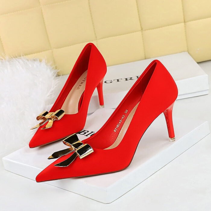 BIGTREE SHOES 18249-AK68 Thin Heel High Heel Satin Shallow Pointed Toe Metal Bowknot Single Shoes - Image 1