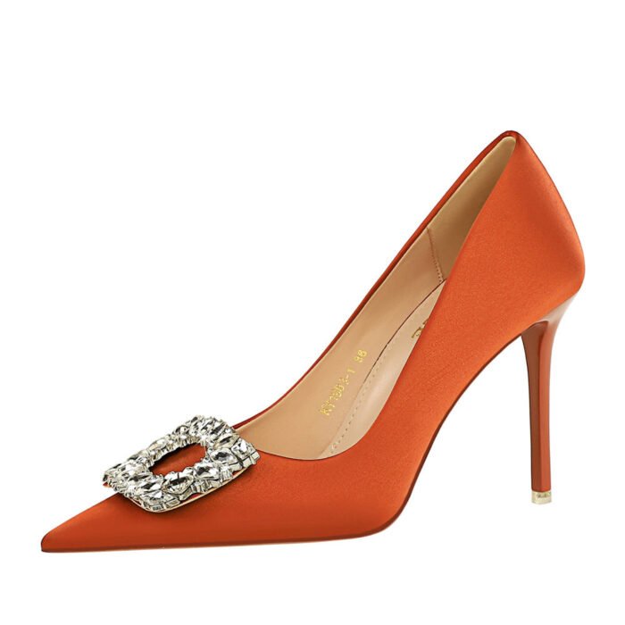 Big Tree Shoes 1983-K1 European and American Style Spring and Autumn Banquet High Heels Women's Shoes Super High Heel Shallow Mouth Pointed Toe Satin Rhinestone Buckle Pumps - Image 5