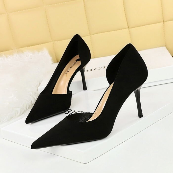 BIG TREE SHOES 8237 Korean Style Fashionable Simple Stiletto Heel Women's Shoes Slim Suede Shallow Mouth Pointed Toe Side Hollow Pumps High Heel - Image 3