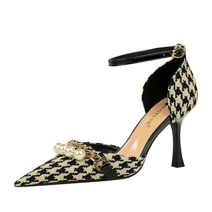 BIGTREE SHOES 8323-9 Korean Style Banquet Hollow High Heel Shoes Plaid Houndstooth Pearl Metal Chain Strap Sandals for Women - Image 5