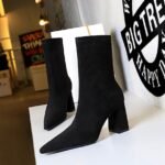 6838-1Ankle boots Women's pointed velvet boots Square high-heeled boots Women's shoes Fashion-Bigtree shoes