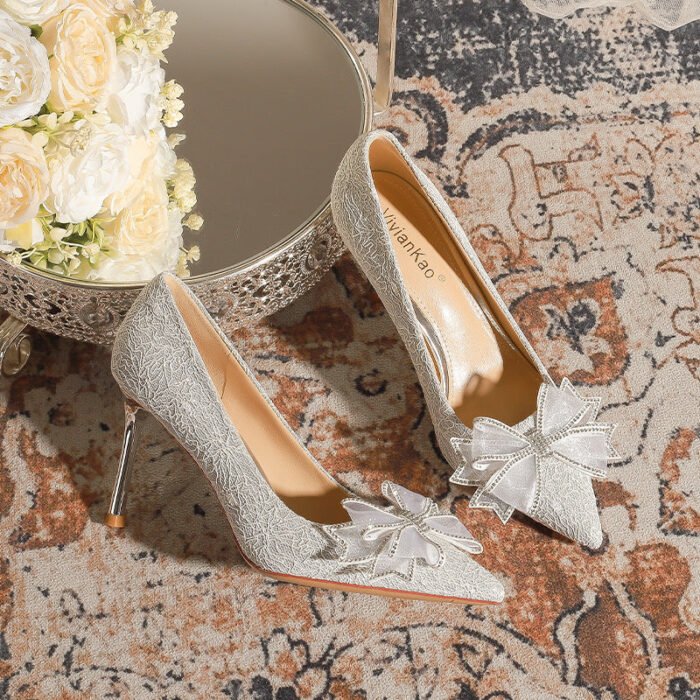 840-51 Rhinestone Bow Wedding Shoes Daily Wearable Niche High-Grade Stiletto Heel Low-Cut Pointed-Toe Shoes - Image 1