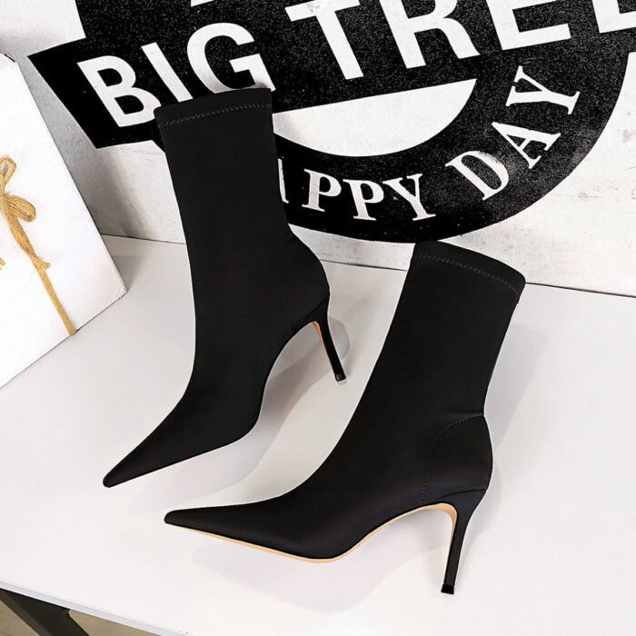 BIG TREE SHOES 315-a1 European and American Style Fashion Simple Stiletto Heel Stretch Lycra Women's Boots Sexy Slimming Nightclub Pointed Ankle Boots - Image 4