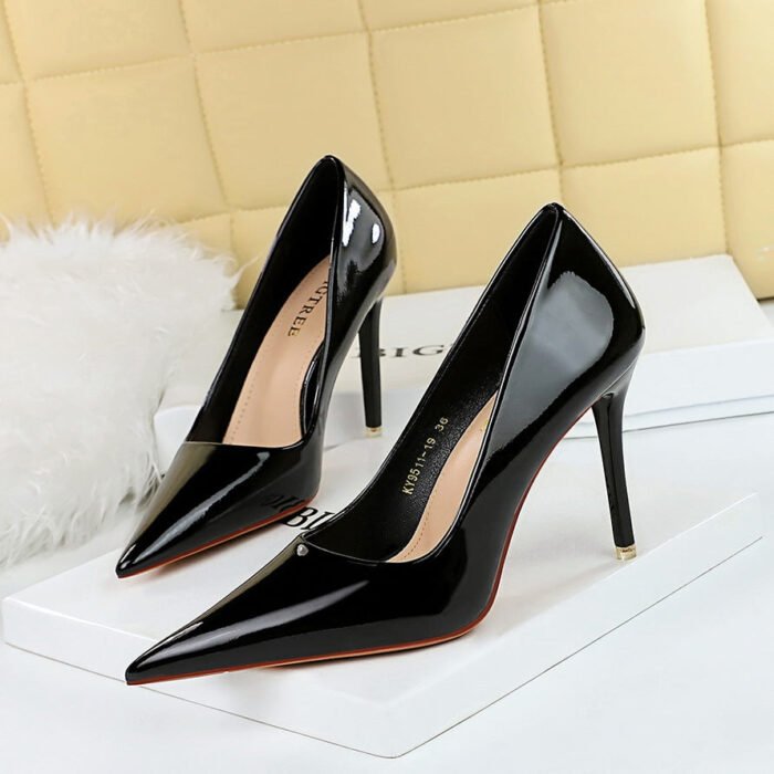 big tree shoes 9511-21 European and American Banquet Simple High Heels Stiletto Heel Shallow Mouth Pointed Crystal Patent Leather Pumps Women's Shoes - Image 3