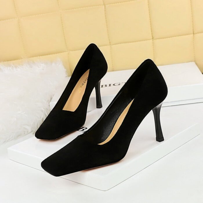 BIG TREE SHOES 7731-2 Korean Style Spring and Autumn Fashion All-Matching Simple High Heels Stiletto Suede Low-Cut Square Toe Women's Shoes High Heel Pumps - Image 3