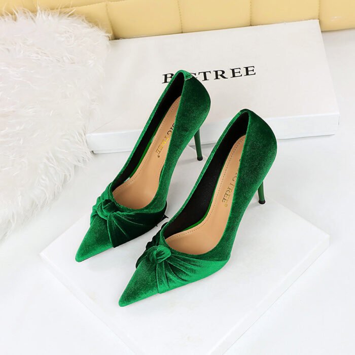 3391-27 European and American Fashion Banquet High Heel Shoes Stiletto Heel Shallow Mouth Pointed Toe Xi Shi Suede Bow Pumps - Image 4