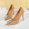1a71b64e300c682f15c9a934f8b0fce6 BIGTREE SHOES 9511-K58 Banquet Women's Shoes High Heels Stiletto Suede Shallow Mouth Pointed Square Rhinestone Buckle Super High Heel Shoes Women