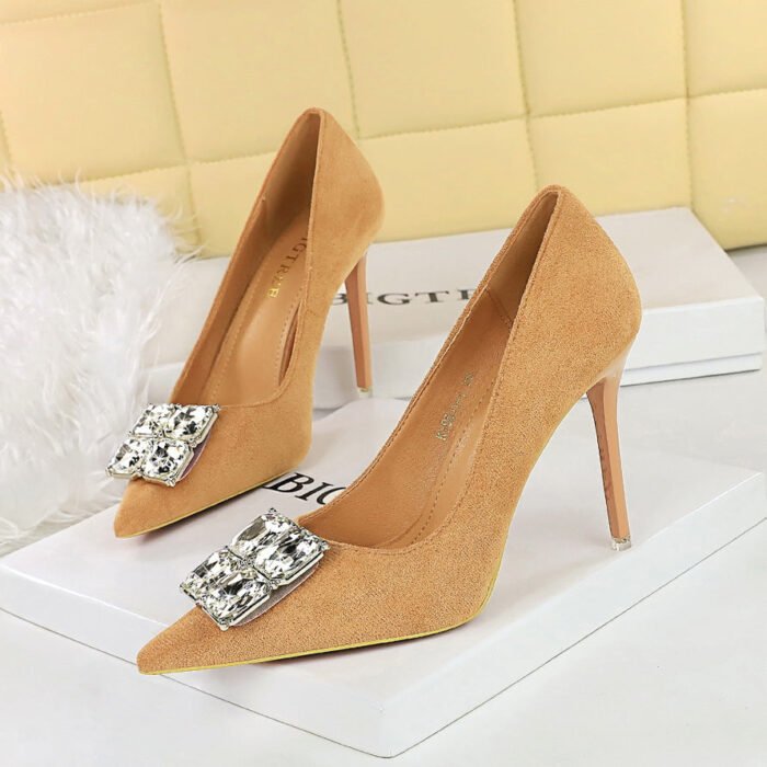 BIGTREE SHOES 9511-K58 Banquet Women's Shoes High Heels Stiletto Suede Shallow Mouth Pointed Square Rhinestone Buckle Super High Heel Shoes Women - Image 2