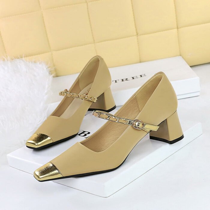 BIGTREE SHOES 5288-7 French Mary Jane Women's Classy Shoes Mid Heel Chunky Heel Low-Cut Color Matching Square Head Metal Chain Ankle-Strap Shoes - Image 3