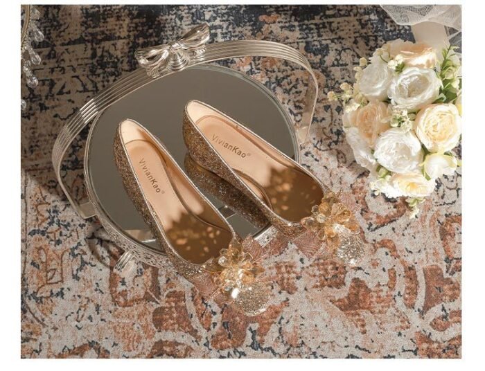 A29-136 French Square Head Gold Flat Low Heel Niche High Sense Bridesmaid Shoes Women - Image 10