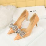 BIG TREE SHOES 638-Ah20 Korean Style Banquet Women's Shoes High Heel Low-Cut Pointed Toe Side Hollow Rhinestone Bow Pumps Women's High Heels - Image 3
