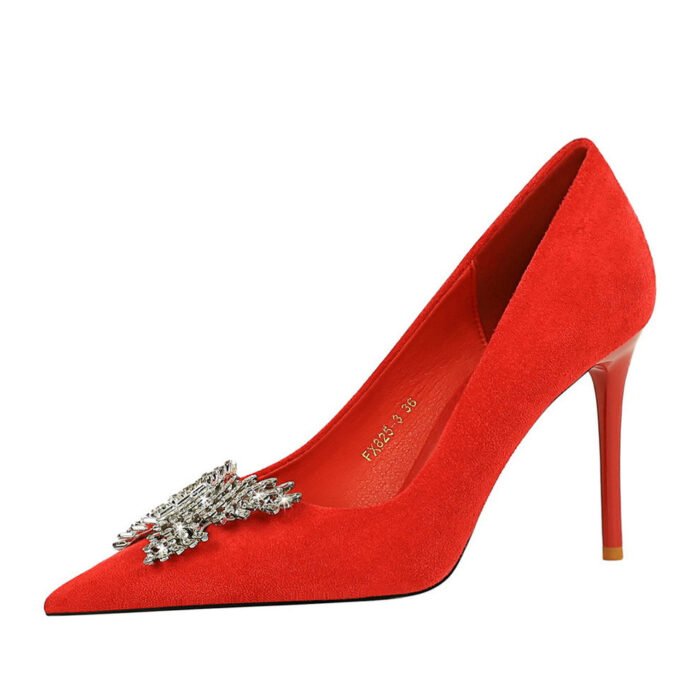 BIGTREE SHOES 825-K53 European and American Style Banquet High Heels Stiletto Women's Shoes Suede Shallow Mouth Pointed-Toe Metal Butterfly Rhinestone Pumps - Image 5