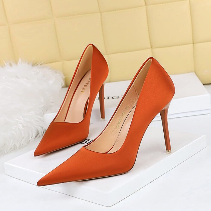 1983-1 Korean Fashion Simple High Heels Stiletto Heel Shallow Mouth Pointed Nightclub Sexy Slimming Satin Pumps BIG TREE SHOES - Image 1