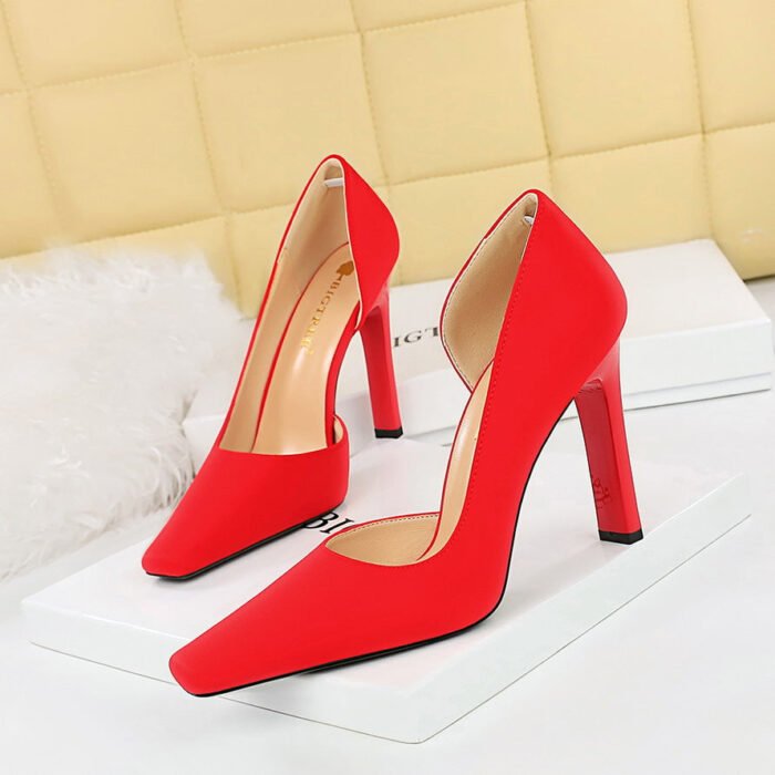 BIG TREE SHOES 3275-3 European and American Style High Heels Thick Heel Super High Heel Shallow Mouth Pointed Side Hollow Satin Square Toe High Heel Pumps Women - Image 1