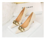 7239-A1 European and American fashion banquet women's shoes fine heel high heel shallow pointed metal buckle single shoes high heels - Image 23