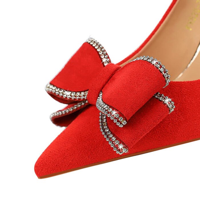 BIGTREE SHOES 828-H30 Korean Style Fashionable Spring and Autumn New High Heels Chunky Heel Suede Shallow Mouth Pointed Bow Single-Layer Shoes Women's Shoes - Image 5