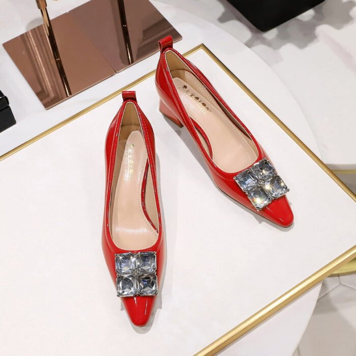 BIGTREE SHOES 1235-K58 Korean Style Fashion Banquet Women's Shoes Chunky Heel Mid Heel Patent Leather Shallow Mouth Small Sharp Point Square Rhinestone Buckle Pumps - Image 4