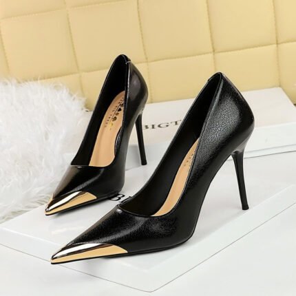 BIGTREE SHOES 3739-9 Retro European American Style Banquet High Heels Stiletto Women's Shoes Super High Heel Shallow Mouth Pointed-Toe Metal Pointed Toe Pumps