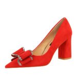 BIGTREE SHOES 828-H30 Korean Style Fashionable Spring and Autumn New High Heels Chunky Heel Suede Shallow Mouth Pointed Bow Single-Layer Shoes Women's Shoes - Image 4