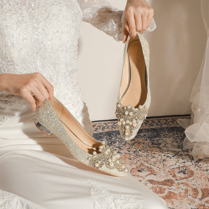 A29-12 Square Toe Low-Cut Pearl Flat Chunky Heel Everyday Joker Low Heel High Grade Bridesmaid Shoes Women - Image 3