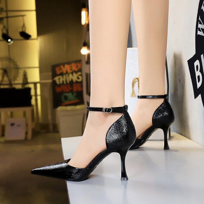 8323-5 European and American Banquet High Heel Low-Cut Pointed Toe Shiny Patent Leather Solid Color Snake Pattern Hollow Hollow-out Strap Sandals BIG TREE SHOES - Image 2