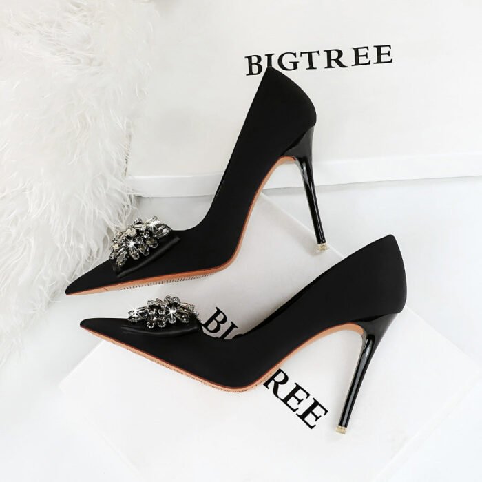Big Tree Shoes 18249-h3 European and American Style Banquet High Heels Women's Shoes Super High Heel Shallow Mouth Pointed Toe Satin Rhinestone Bow Pumps - Image 4