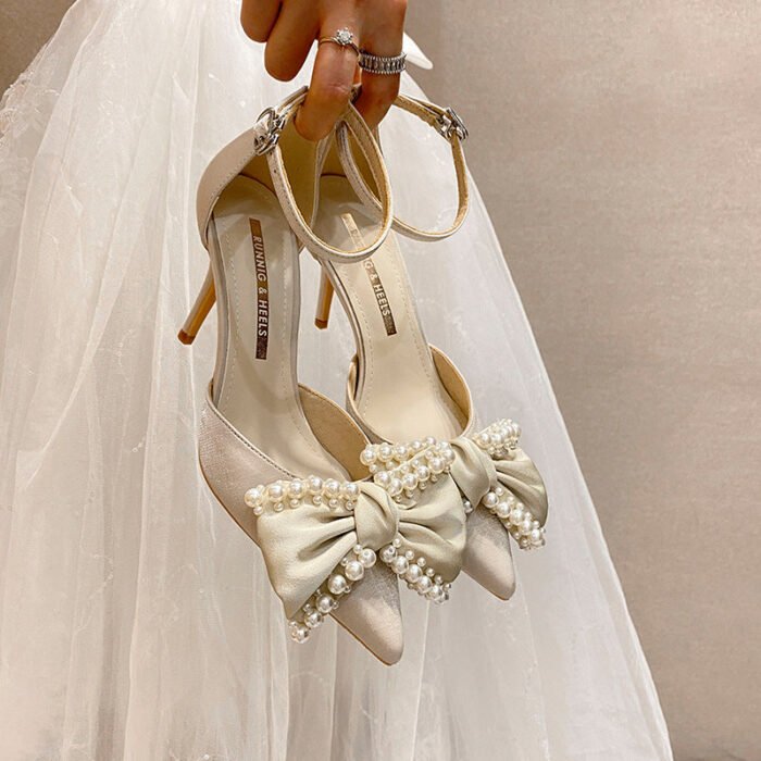858-61 High Heels Women's New Buckle Pearl Bow Temperament Leisure Pumps - Image 1