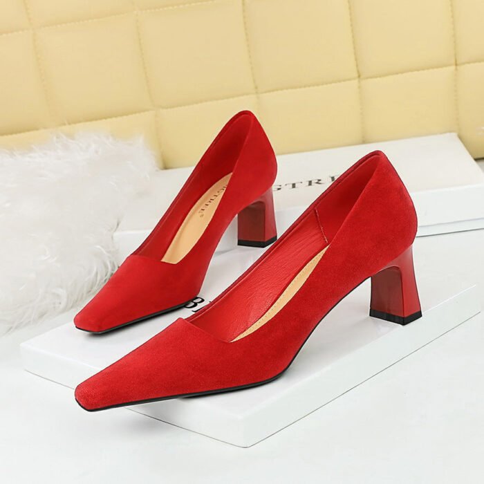 BIG TREE SHOES 6186-3 Korean Fashion Simple Comfortable Thick Heel High Heel All-Matching Business Ol Suede Low-Cut Square Toe Women's Thin Shoes - Image 1