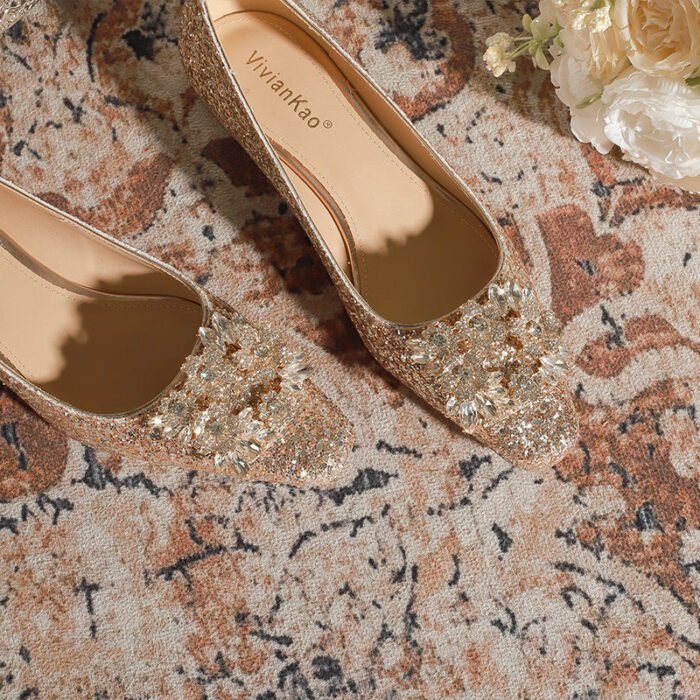 A29-6 French Square Head Gold Flat 2cm Low Heel High-Grade Rhinestone Bridesmaid Shoes Women - Image 3