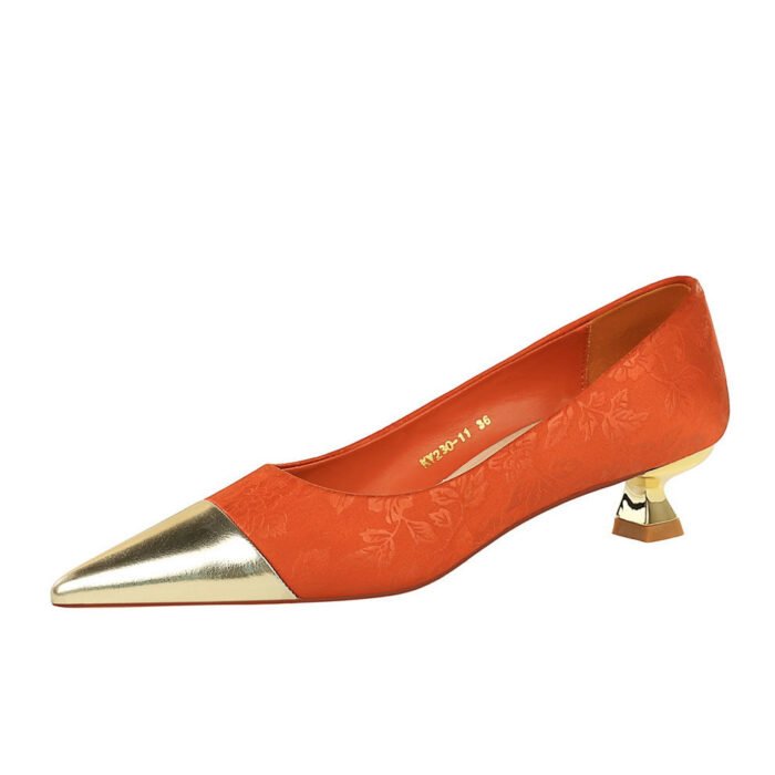 BIGTREE SHOES 230-20 banquet New National style women's shoes low heel metal heel pattern satin Metal stitching pointed spring and autumn shoes - Image 5