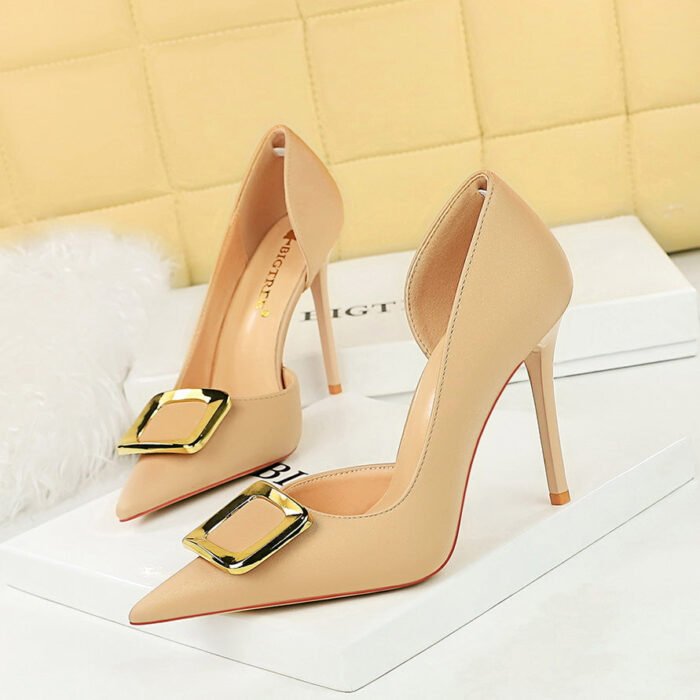 BIG TREE SHOES 626-K7 European and American Style High Heel Stiletto Heel Banquet Women's Shoes Ultra High Heel Shallow Mouth Pointed Side Hollow Metal Buckle Pumps - Image 3