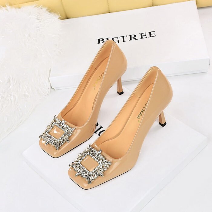 BIG TREE SHOES 7792-3k82 Korean Style Banquet Women's Shoes Super High Heel Shallow Mouth Patent Leather Square Toe Metal Rhinestone Buckle Pumps High Heels - Image 3