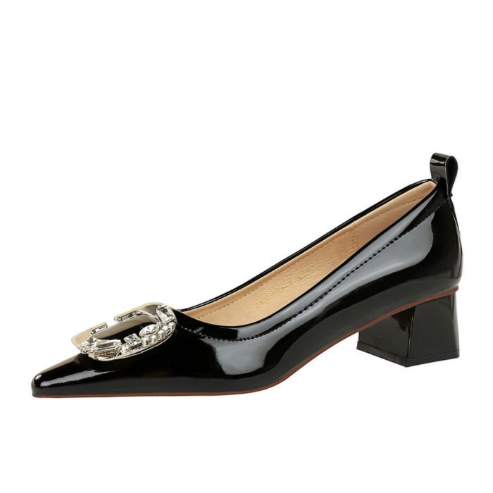 BIGTREE SHOES 1235-K52 European and American Style Banquet Women's Shoes Patent Leather Low-Cut Pointed-Toe Metal Rhinestone Belt Buckle Mid Heel Chunky Heel Shoes - Image 1
