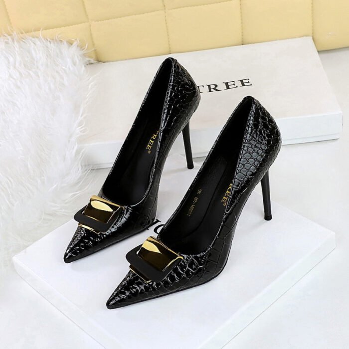 BIGTREE SHOES 3391-k56 High Heels Women's Shoes Stiletto Heel Shallow Mouth Pointed Snakeskin Patent Leather Metal Buckle Decoration Pumps Women - Image 3
