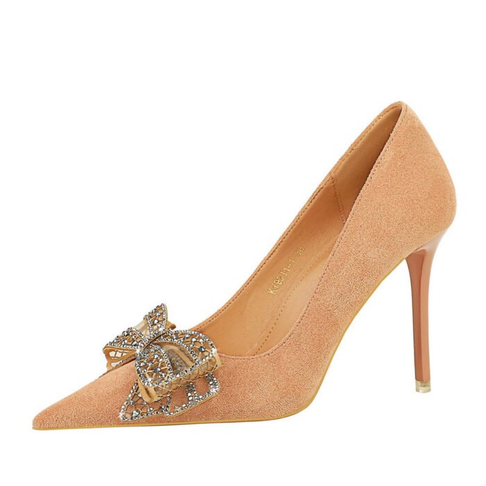 Bigtree Shoes 9511-h39 Korean Style Banquet High Heels Stiletto Heel Suede Shallow Mouth Pointed Toe Rhinestone Bow Women's Shoes - Image 5