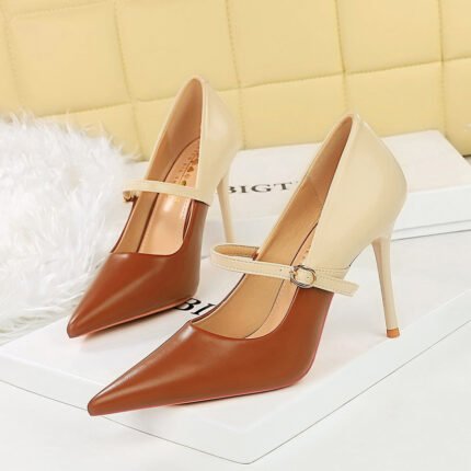 BIGTREE SHOES 9116-2 Retro European American Style Fashion High Heels Stiletto Women's Shoes Shallow Mouth Pointed-Toe Colorblock Ankle-Strap High Heel Pumps