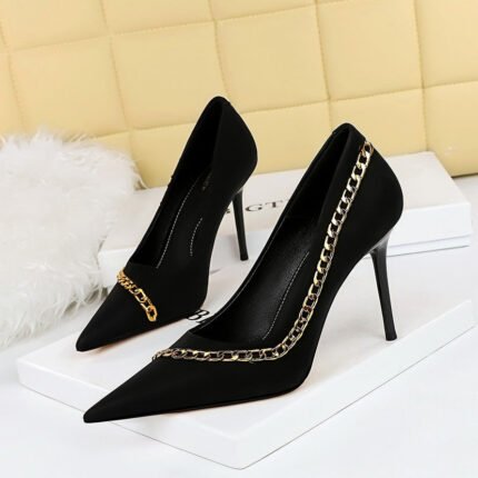 BIG TREE SHOES 3739-2 European and American Thinner Stiletto Heel Shallow Mouth Pointed-Toe Metal Chain Chain Women's Thin Shoes