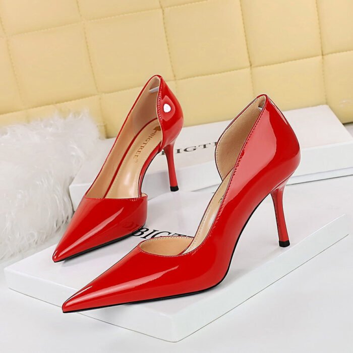 Bigtree Shoes 8236 European and American Style Fashion Simple High Heels Women's Shoes Stiletto Heel Shallow Mouth Pointed Toe Side Hollow Patent Leather Pumps Women - Image 1