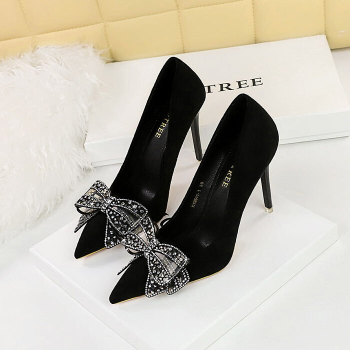 Bigtree Shoes 9511-h39 Korean Style Banquet High Heels Stiletto Heel Suede Shallow Mouth Pointed Toe Rhinestone Bow Women's Shoes - Image 4