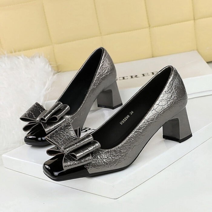 BIGTREE SHOES 5299-H58 Korean Style Fashion Women's Shoes Chunky Heel Mid Heel Shallow Mouth Patchwork Square Toe Color Block Toe Bowknot Single Shoes Women - Image 2
