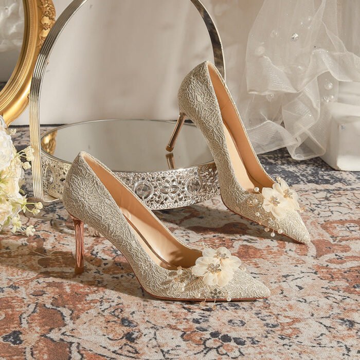 840-105 Crystal Flowers Wedding Shoes Niche Wedding Dress Xiuhe Dress Two-Way Bridal High Heels Stiletto Heel - Image 1
