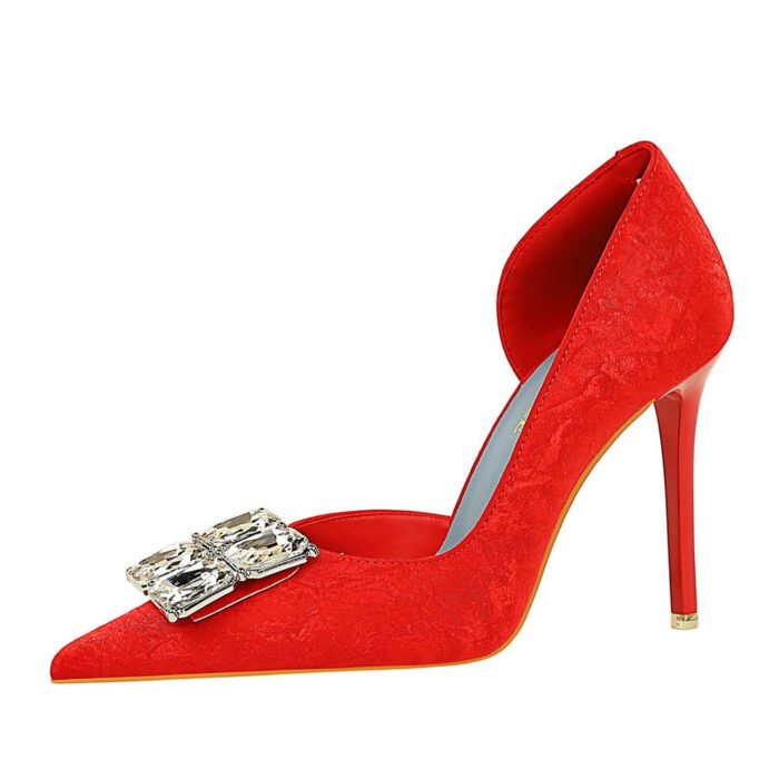 BIGTREE SHOES 6168-K58 European and American Style High Heels Women's Shoes Stiletto Heel Shallow Mouth Pointed Toe Side Hollow Square Rhinestone Shoes - Image 4