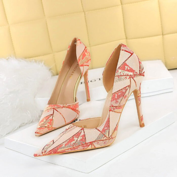 18185-5 European and American Style Sexy Nightclub Stiletto Heel Cloth Shallow Mouth Pointed Side Hollow High Heels Pumps - Image 2