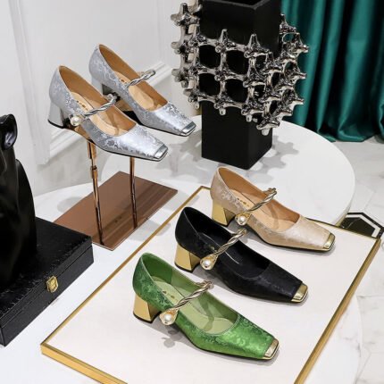 BIGTREE SHOES 5288-6 National Style Women's Shoes Banquet Chunky Heel Mid Heel Satin Embroidered Color Matching Square Toe Low-Cut Pearl Ankle-Strap Shoes