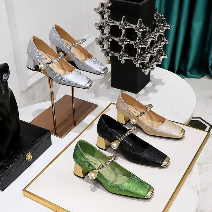 BIGTREE SHOES 5288-6 National Style Women's Shoes Banquet Chunky Heel Mid Heel Satin Embroidered Color Matching Square Toe Low-Cut Pearl Ankle-Strap Shoes - Image 1